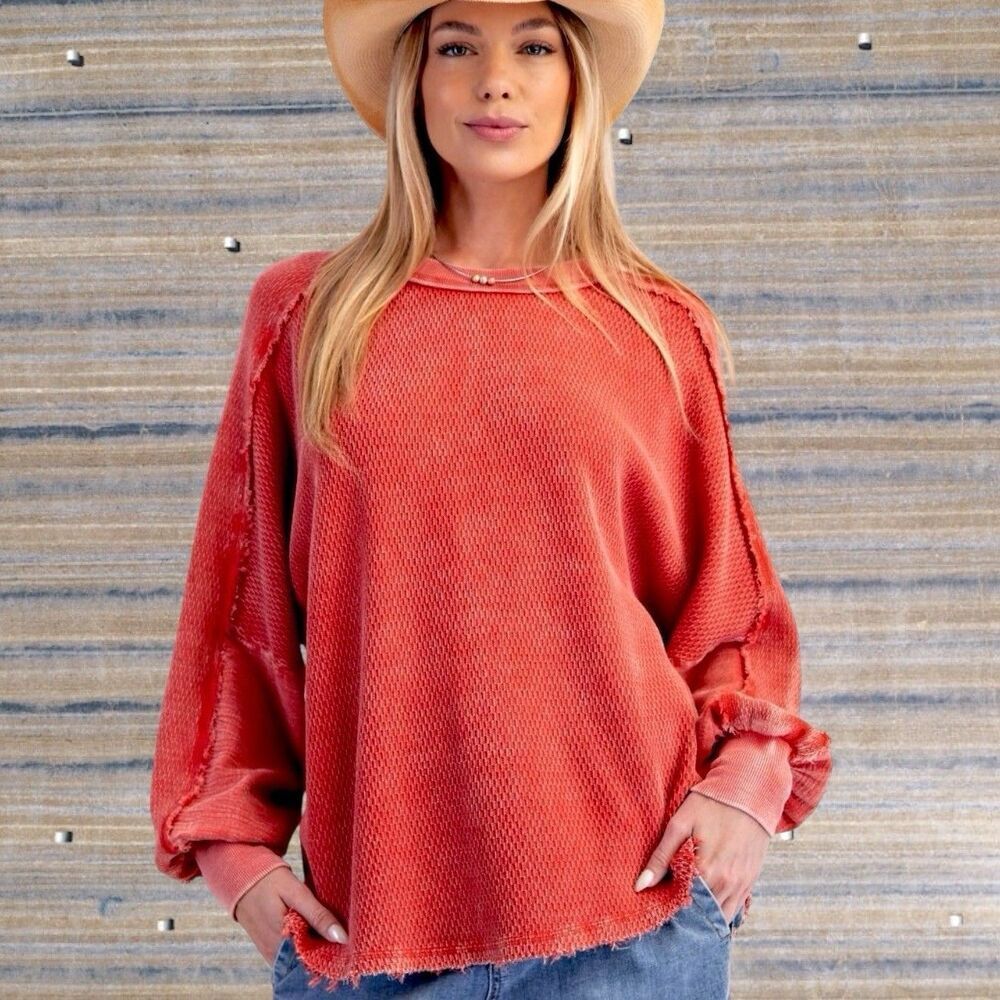 NWT Easel  Boho Poppy Red Textured Mineral Wash Waffle Knit Detail Longsleeve  L